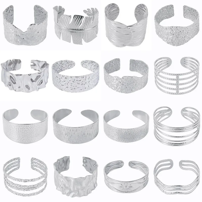 1Pc Stainless Steel Irregular Lava Textured Chunky Open Cuff Bracelet Women Assorted Punk Wide Geometric Pulseras Hombre Jewelry