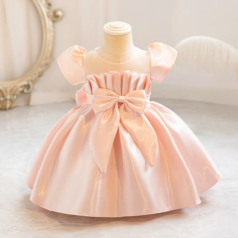 New Solid Color Big Bow Bubble Sleeve Princess Dress for Girls Sweet and Cute Dress for Kindergarten Family Gatherings