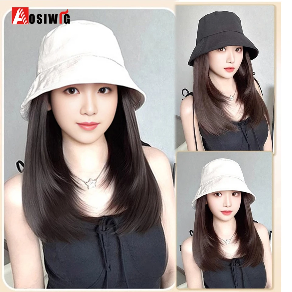 AOSI topi Wig rambut panjang sintetis putih topi nelayan rambut lurus panjang gaya terintegrasi Wig topi wanita musim panas