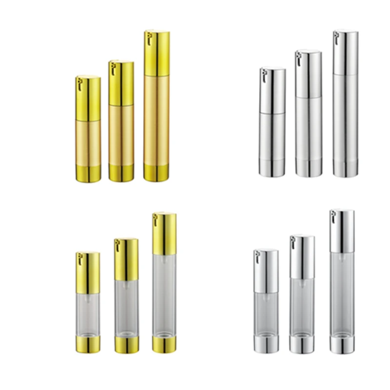 100pcs 15ml 20ml 30ml Gold Silver Anodized Aluminum Airless Bottles Luxury Travel Cosmetic Cream Bottles With Pump