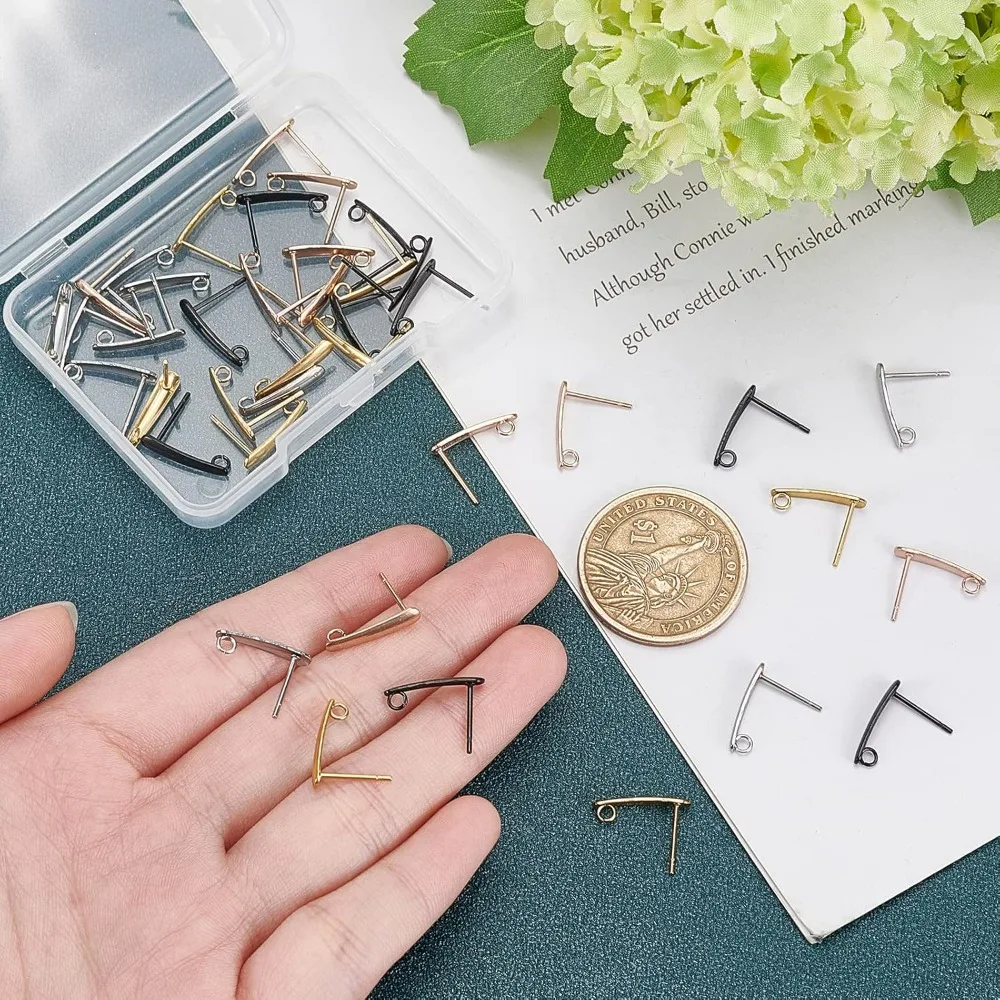 40pcs Ear Pin 4 Colors Stainless Steel Earring Studs Stud Earring with Loop Rectangle Earring DIY Making Findings 0.8mm