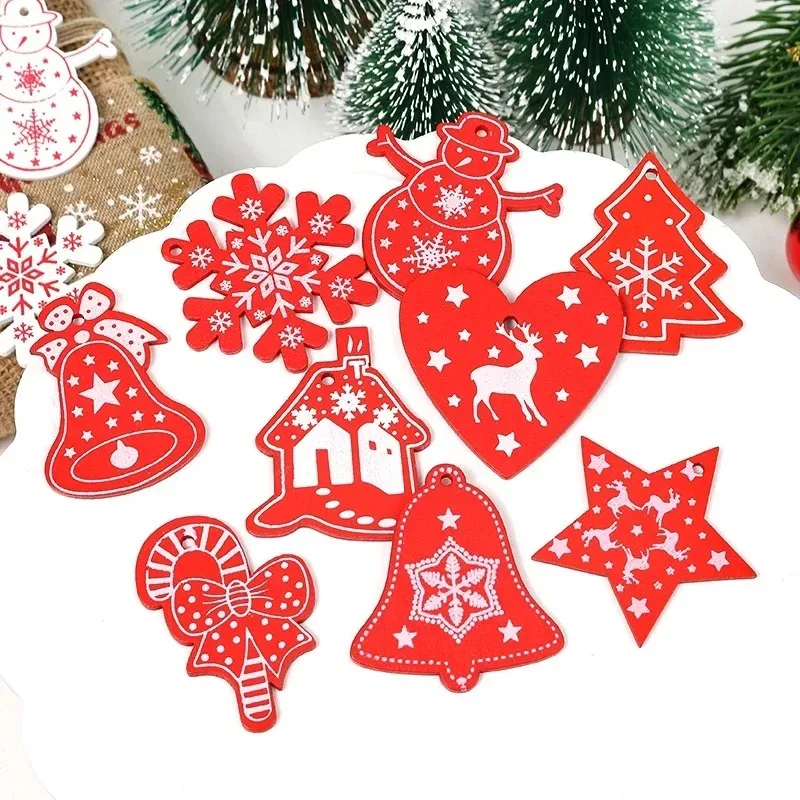 10Pcs Wooden Christmas Decorations Snowflake Bells Elk Star Xmas Christmas Tree Pendant for Home Decor Navidad New Year Ornament