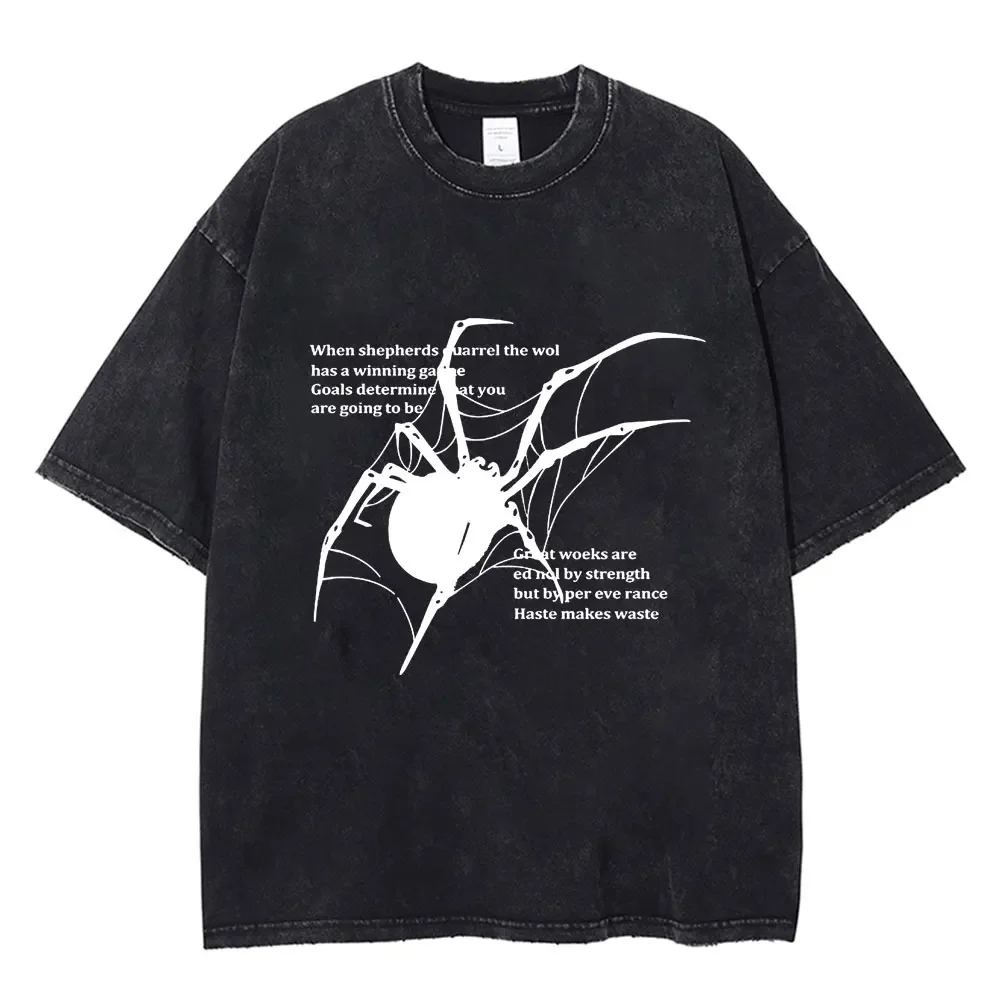 Spider Print Washed Vintage T Shirt Hip Hop Men Women T-shirt Harajuku Gothic Punk Cotton Summer Loose T Shirts Streetwear Y2k