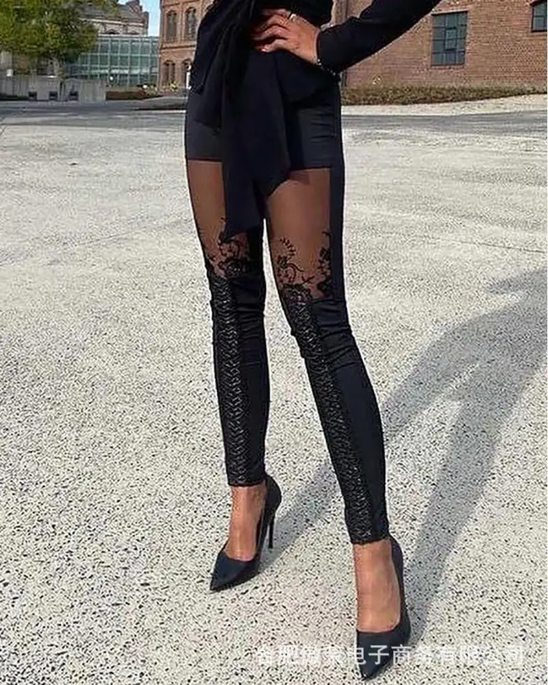 

Women's Urban Trousers 2025 Autumn winter Latest Black Spliced Lace High Waist Pants Sexy Hollow Retro Daily Versatile Legging