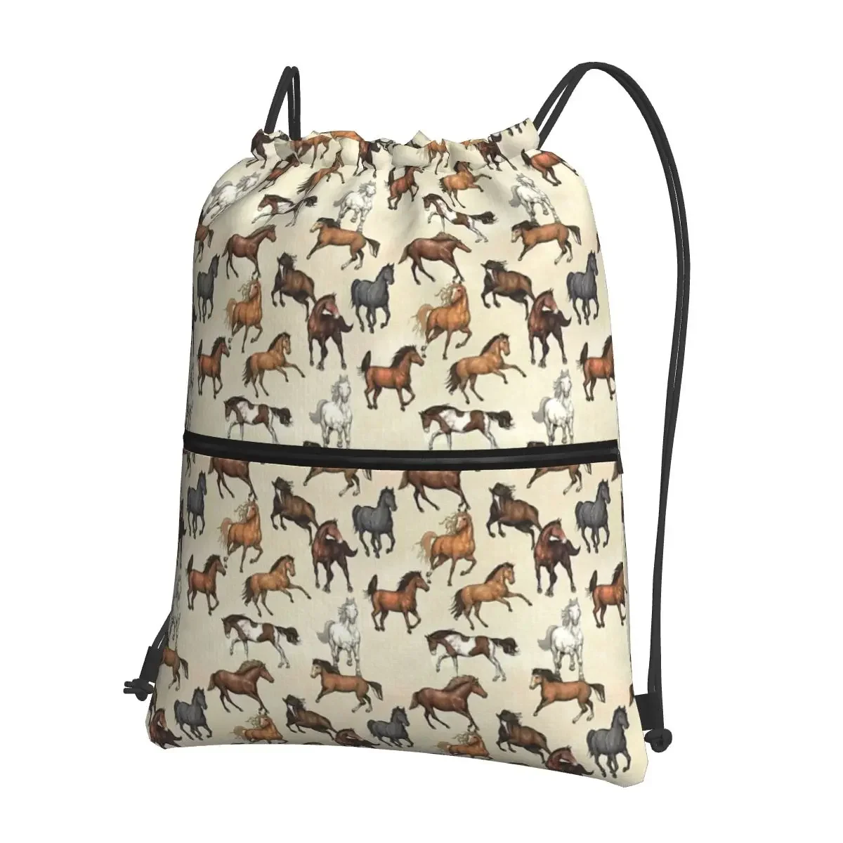 Sunset Horse Pattern Portable Backpacks Drawstring Bag Casual Drawstring Bundle Pocket Storage Bags For School Students