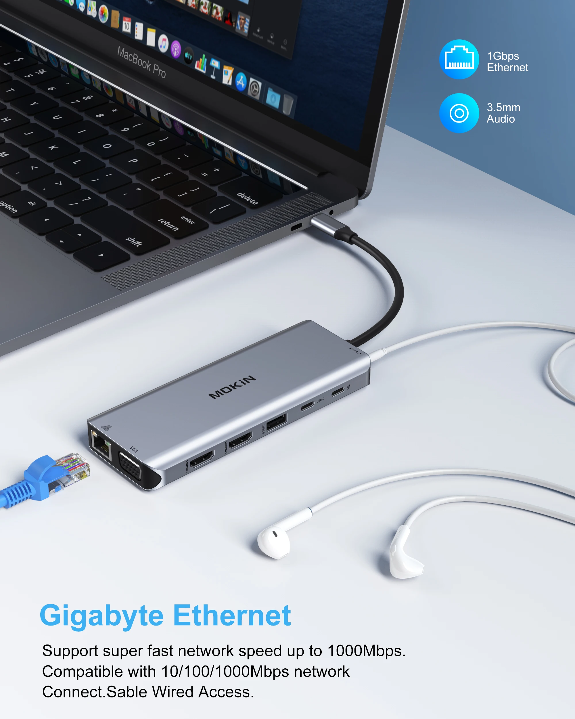 MOKiN Dual HDMI USB Hub Type C Hub 4K60Hz VGA Gigabit Docking Station 3 USB 3.0 SD/TF PD100W Adapter for MacBook Pro Air M1 M2 image 5