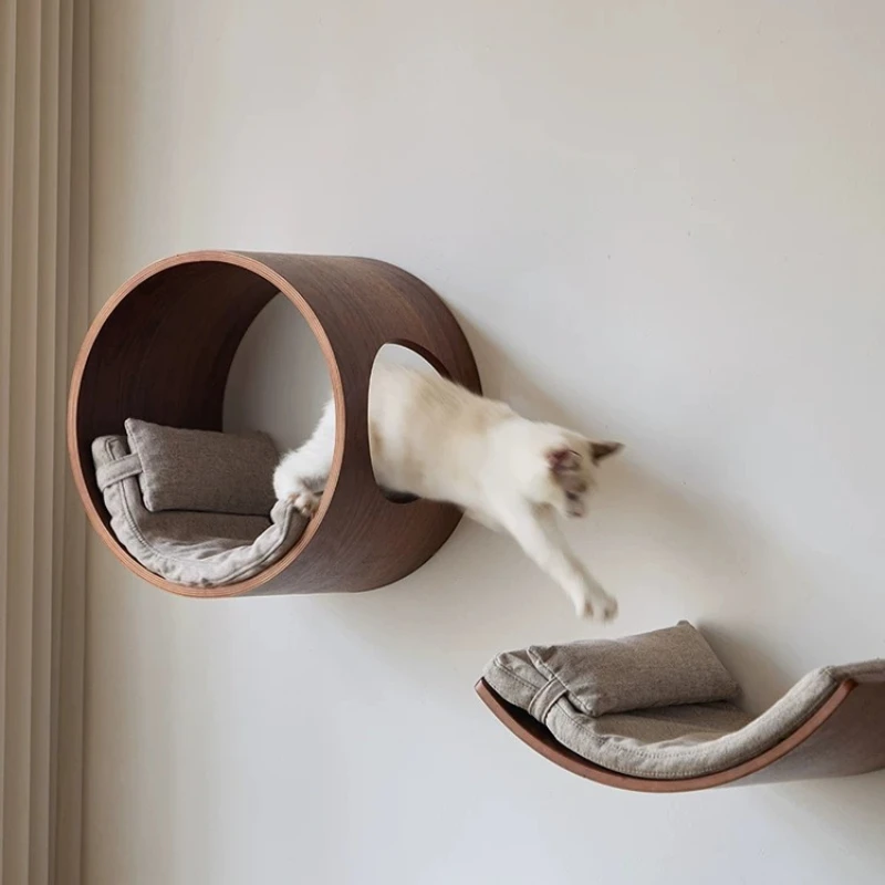 Wall Mounted Cat Tree, Solid Wood Feline Shelf, Black Walnut Scratching Post, Space Saving Kitty Bed with Heat Bent Process