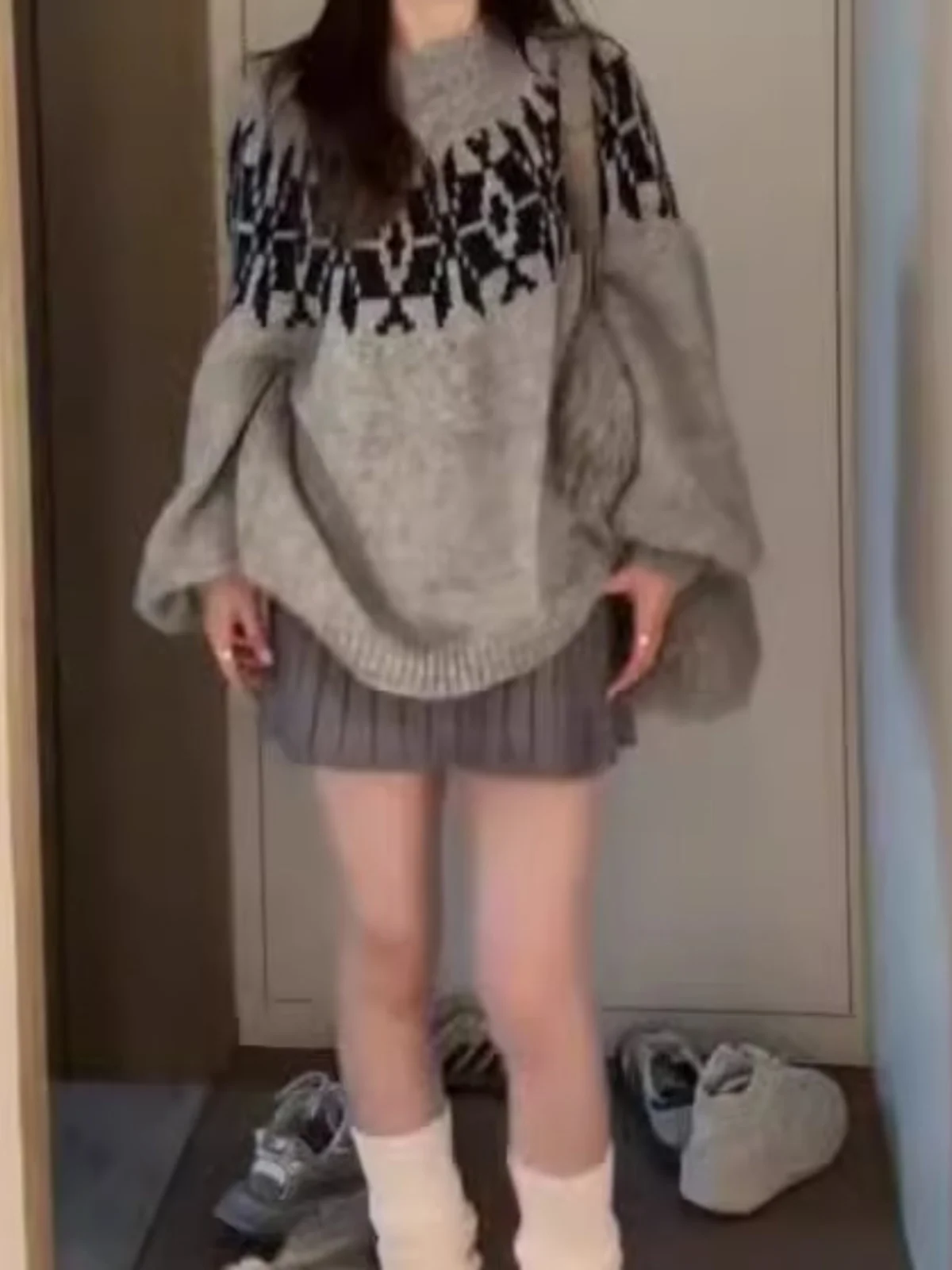 

Женский свободный вязаный свитер в стиле ретро Fair Isle Lazy Sle Base Layer irt Top для осенне-зимних школьников младших классов, больших ...