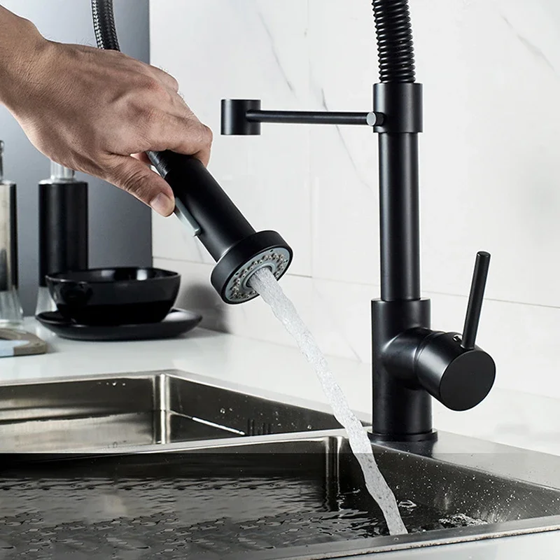 Matte Black Spring Kitchen Faucet Quality Brass Hot Cold Kitchen Sink Mixer Tap Contemporary Pull Down Kitchen Mixer Faucets