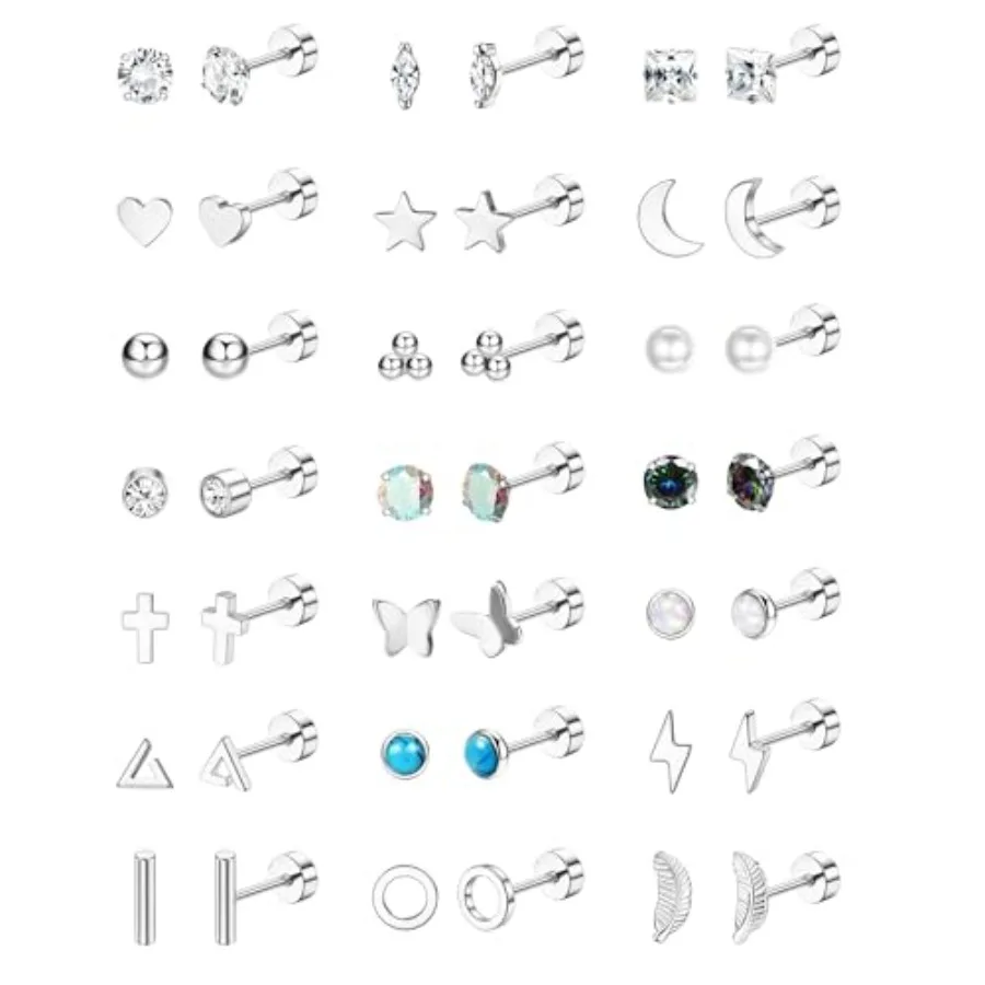 

21 Pairs Hypoallergenic Flat Back Stud Earrings for Women Men Surgical Stainless Steel Earrings for Sensitive Ears Cartilage Ea