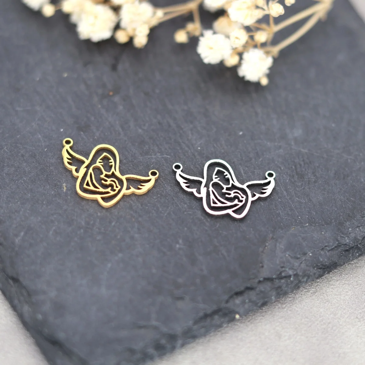 3pcs Mother Baby Charms Stainless Steel Hollow Angel Wings Pendant Connector for DIY Jewelry Making Necklace Earrings Wholesale