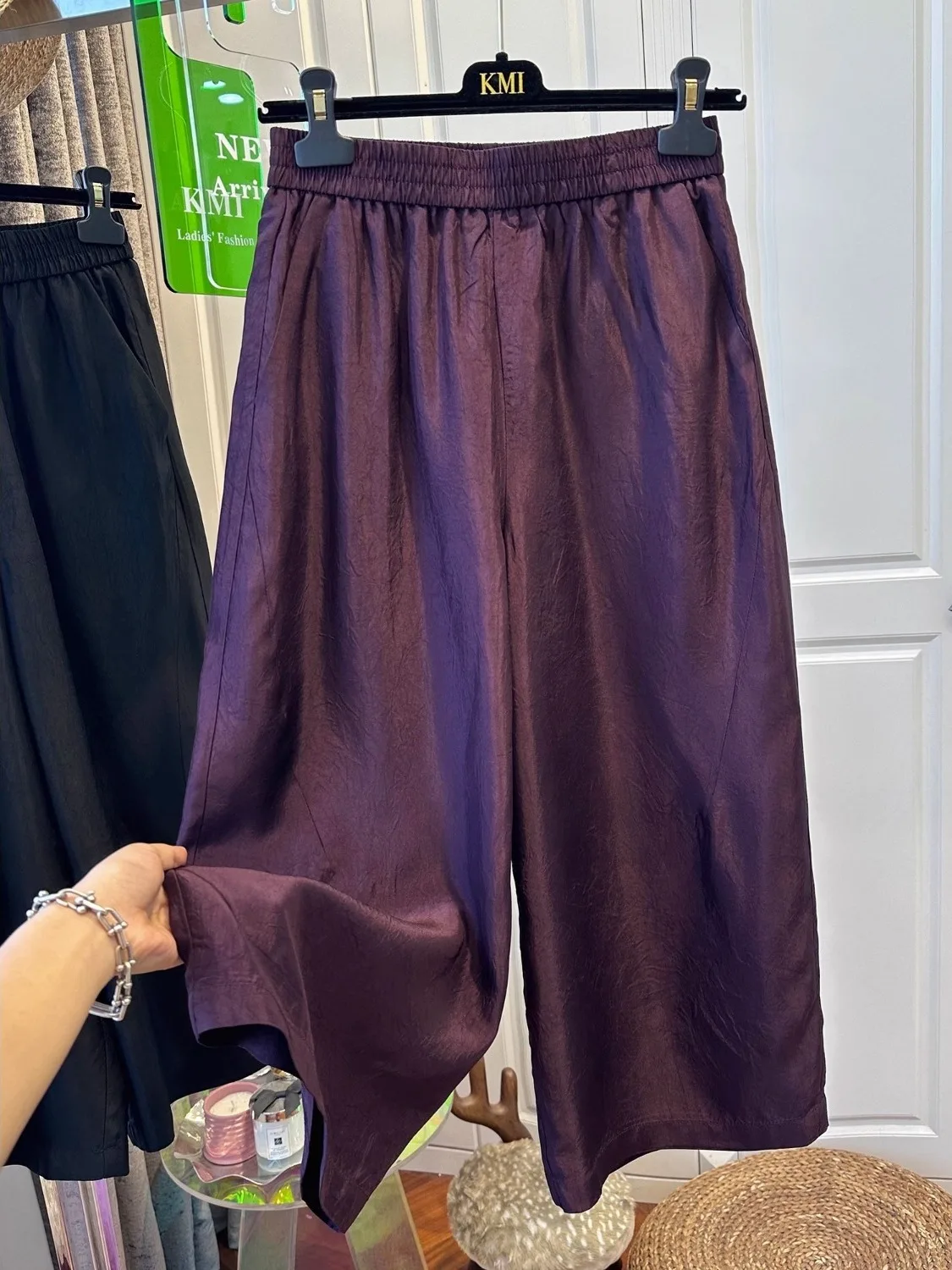 Summer New plus Size Elastic Waist Pure Color Acetate Casual Pants Women Loose Wide Leg Pants Nine Points Slimming Loose Trou...