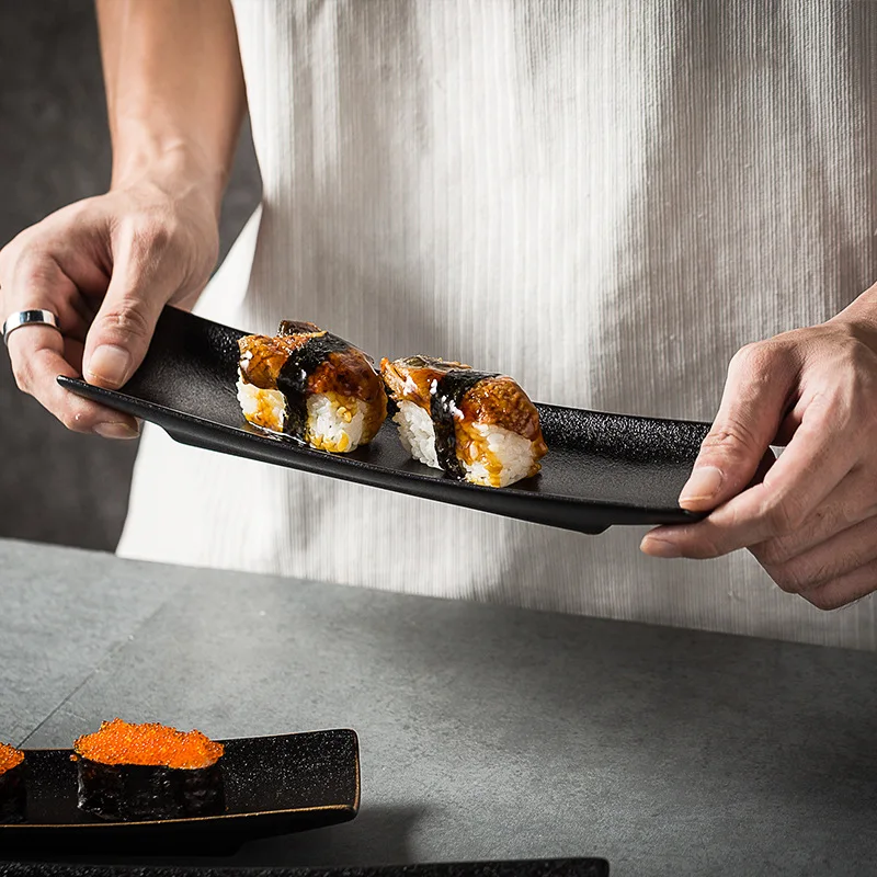 

Black Rectangular Sushi Plate with Gold Trim Long Fish Platter for Sashimi BBQ Dessert