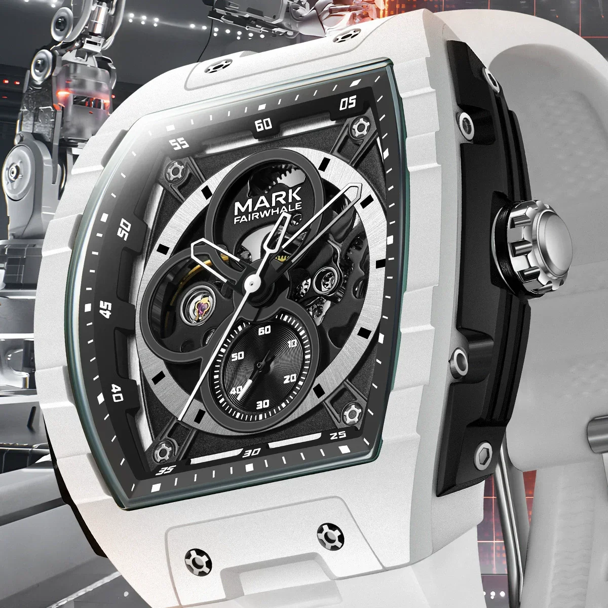 

Mark Fairwhale Fashion 44mm large dial Tonneau Mens Mechanical Wristwatch Luminous Waterproof Rubber Strap Sport reloj hombre