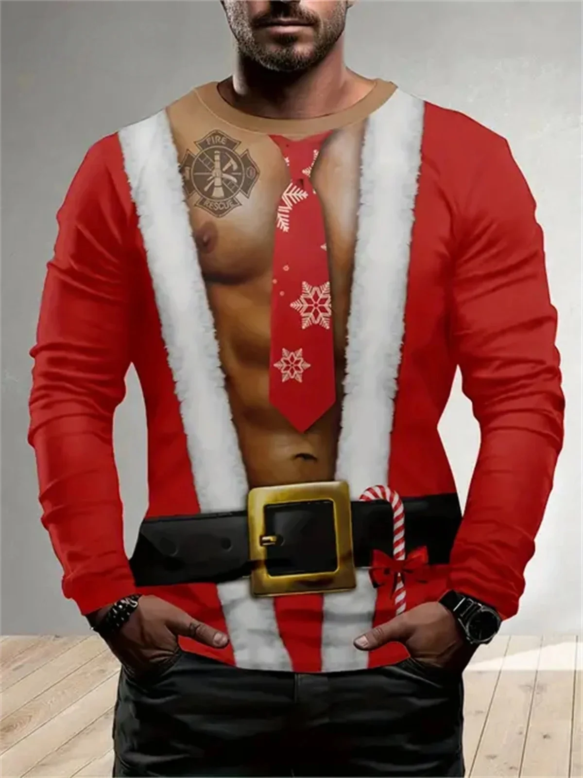 2026 New Autumn/Winter Christmas Muscle Printed T-shirt for Men's Casual Street 3D Printed Top Christmas Long Sleeve O-neck