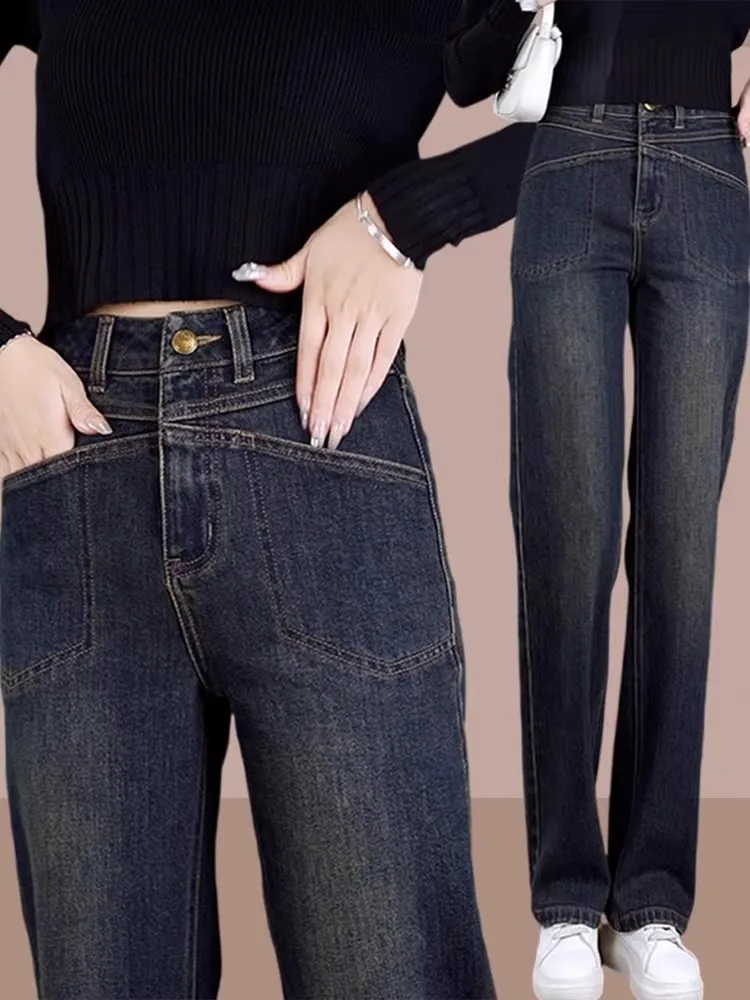 

Women's High Waist Loose Fit Straight Leg Jeans Retro Sle Autumn Faion plus Size Wide Leg Pants Ladies Premium Denim