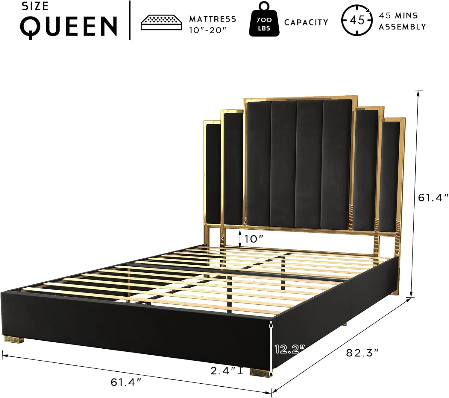 Large bed frame and 61 inch headboard, gold-plated upholstered soft mattress, platform bed without box spring, black