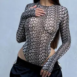 Akyzo Damen bedruckte Mesh Bodysuit Hot Girl Jumps uit sexy Dessous sehen durch langärmlige enge Top Damen bekleidung Mode ﻿