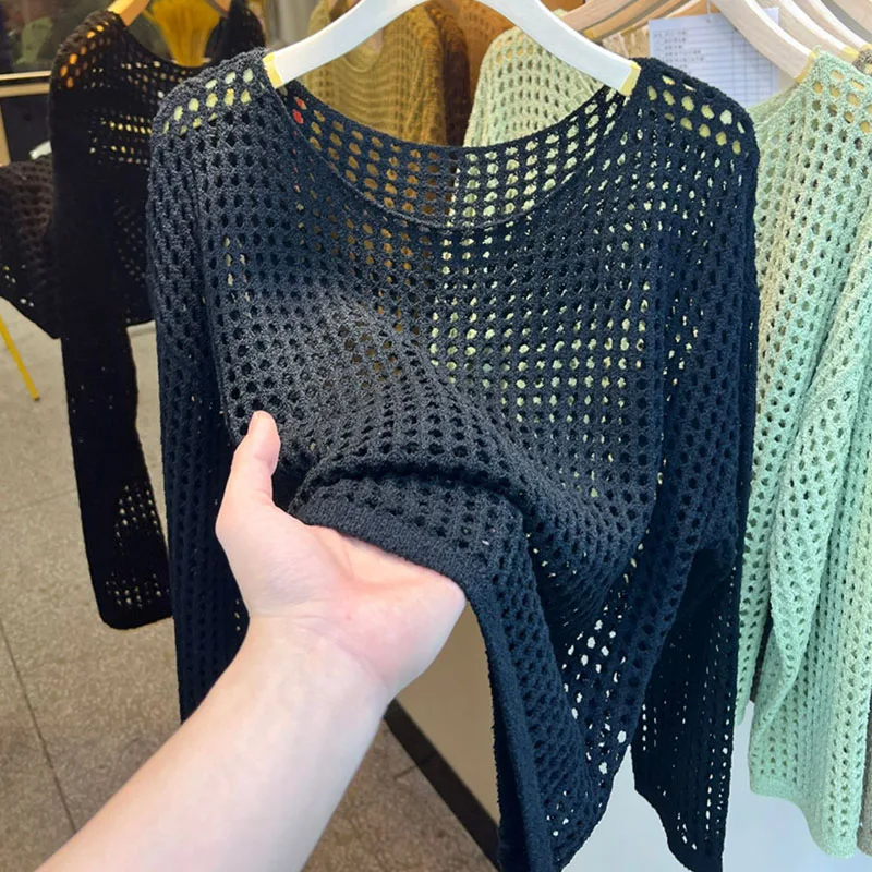 

Новый вязаный свитер с круглым вырезом и ажурной отделкой для женщин, пуловеры с длинными рукавами, вязаные свитера, пуловеры, женские топы, женская одежда Q3446