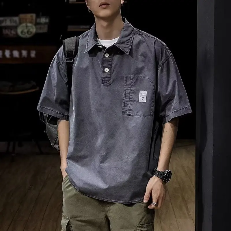 

Летняя Тяжелая винтажная рубашка-поло с коротким рукавом, свободная рубашка, футболка, мужская одежда