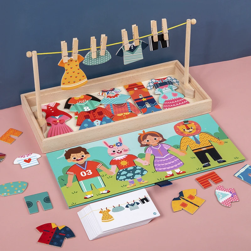 Drying Rack Clothes Dress-Up Jigsaw Puzzle Logical Thinking Matching Sorting Educational Game Kids Montessori Wooden Toys Girls