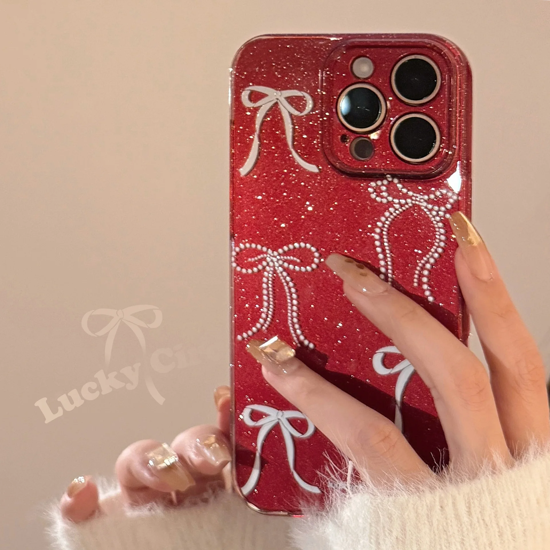 진주 리본 활 타이 반짝이 아트 버건디 전화 케이스, 아이폰 16, 15, 14, 13 프로 맥스 케이스, 귀여운 럭셔리 만화 충격 방지 커버