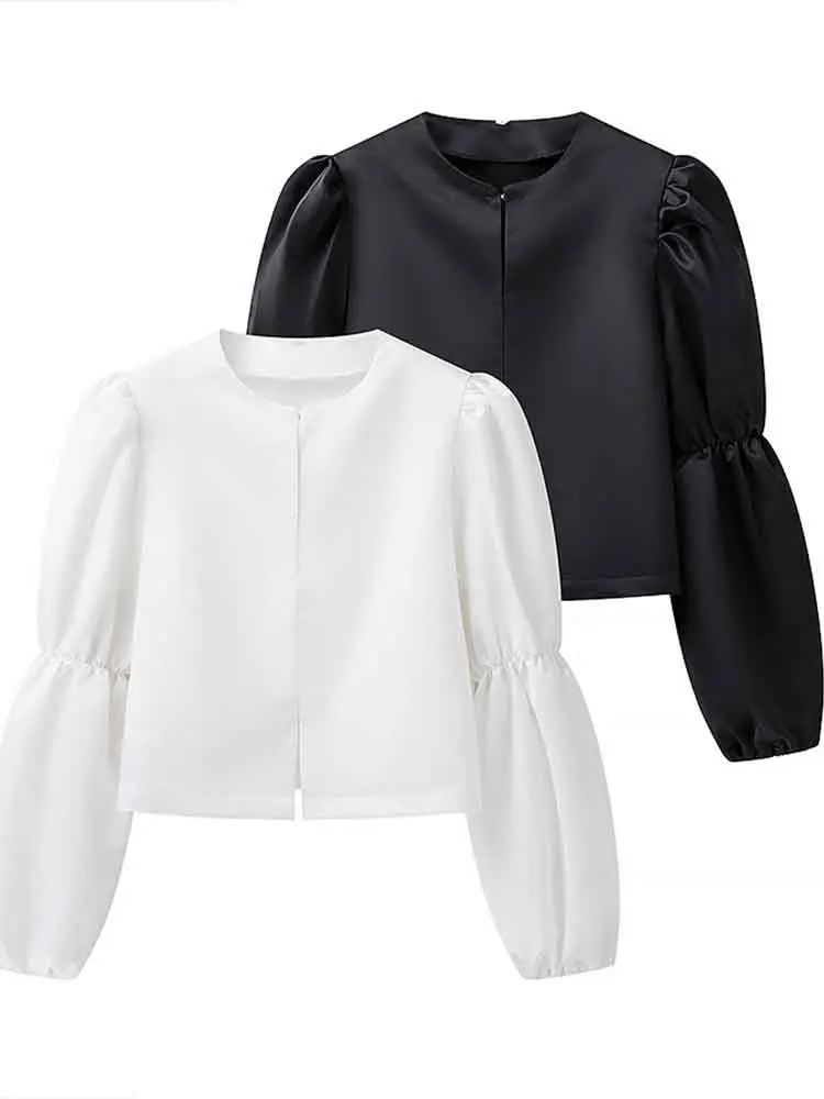 

European style women's clothing new French style simple and versatile round neck puff sleeve short temperament shirt