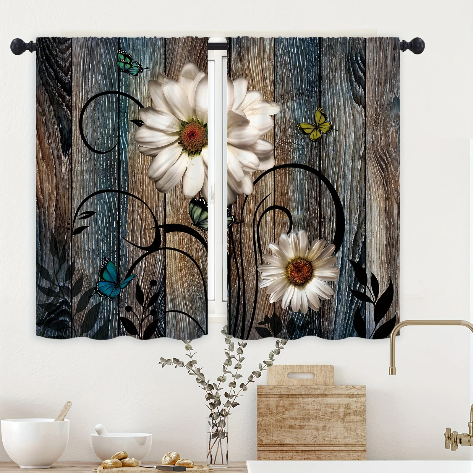 2Pcs Rustic Farmhouse Daisy Kitchen Curtains Wood Wooden Tier Window Treatment For Office Kitchen Living Room Home Decoration