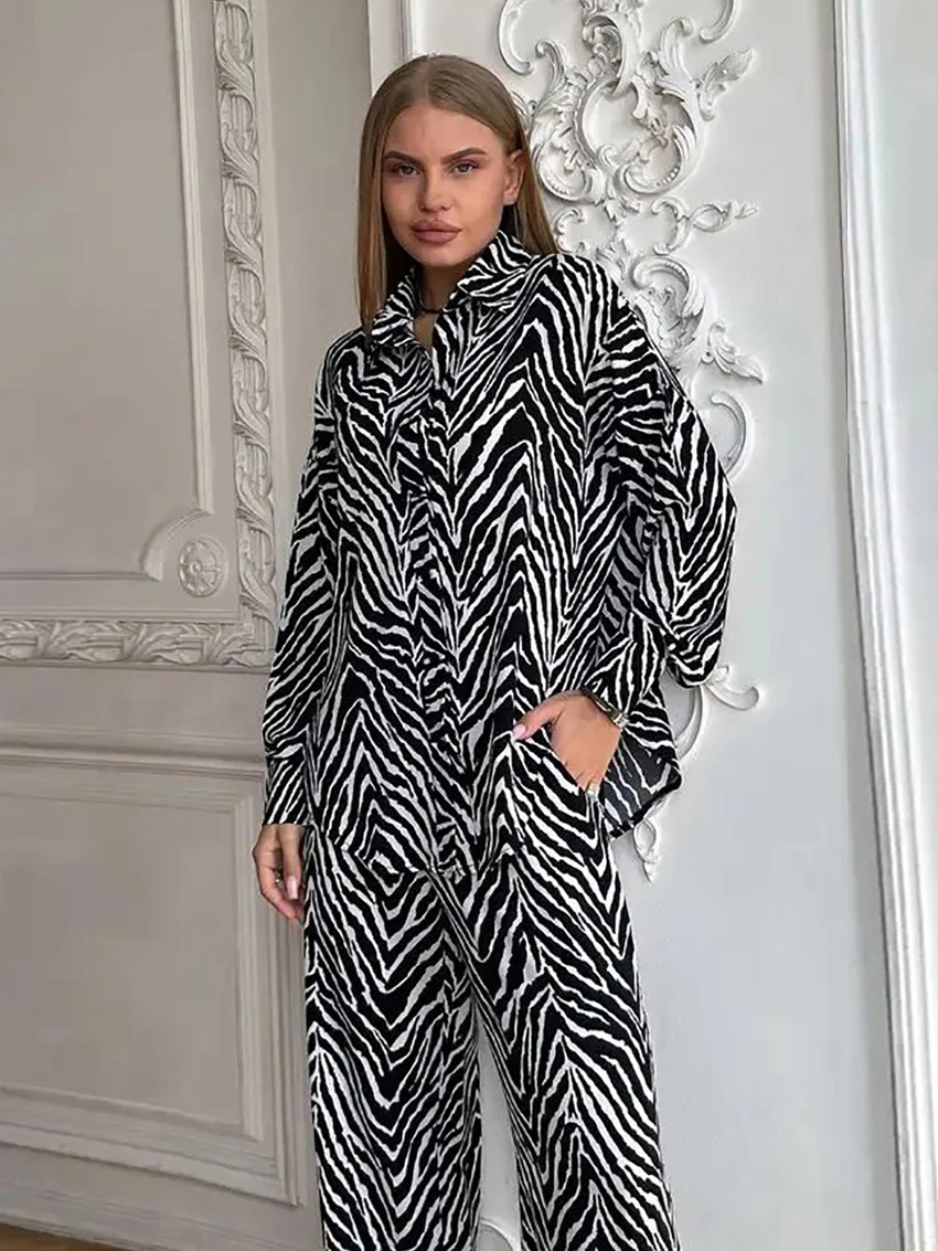 

Marthaqiqi Fashion Printing Femme Nightgown Suit Long Sleeve Nightwear Turn-Down Collar Sleepwear Pants Loose Pajama 2 Piece Set