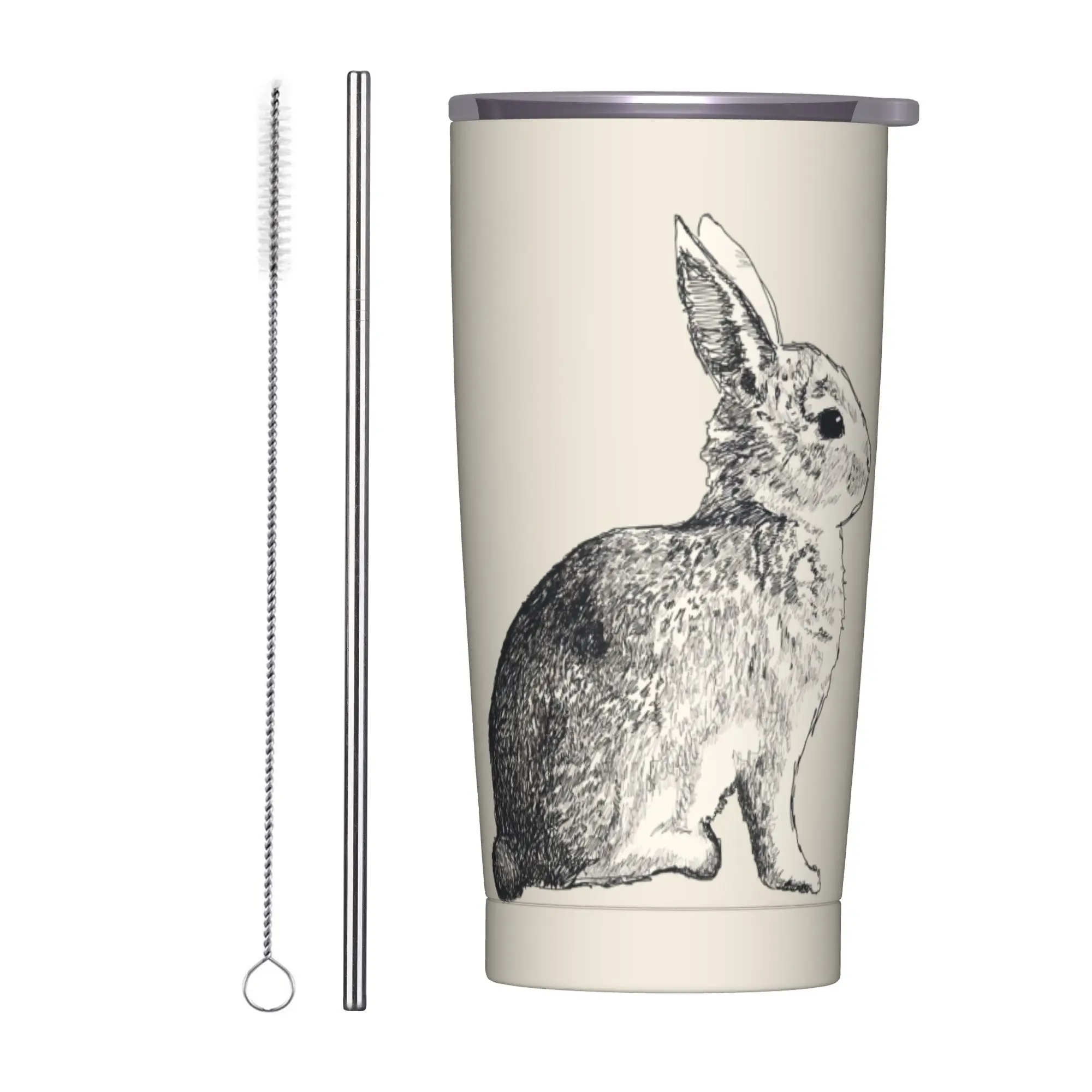 Rabbit Insulated Tumbler with Straws Lovely Rabbit Bunny  Pet Animal Print Vacuum Thermal Mug Double Wall Car Bottle Cup, 20oz