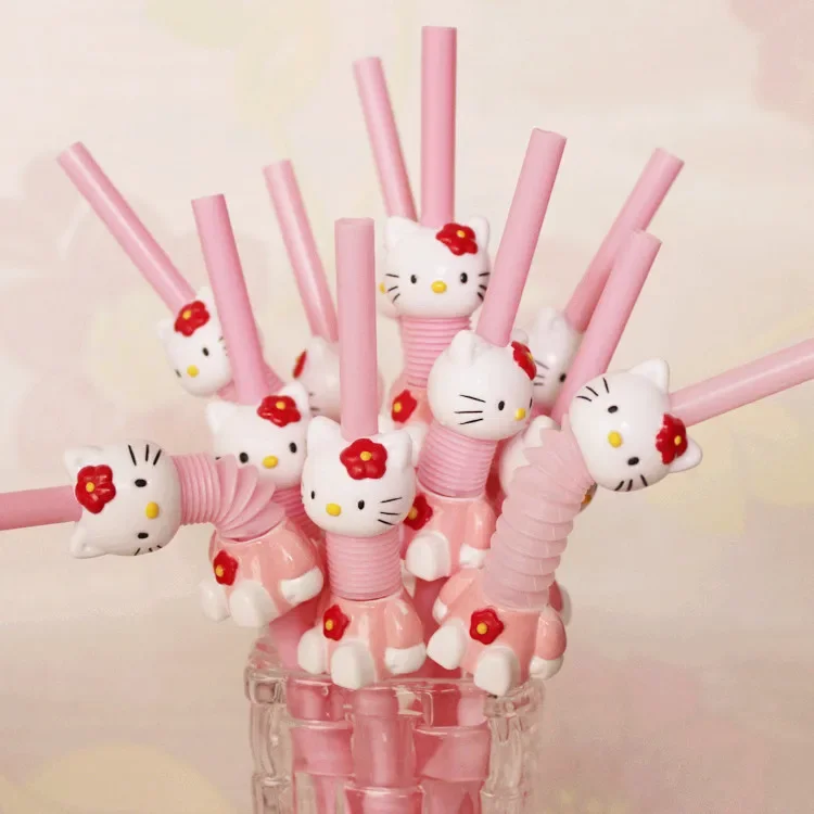 Kawaii HelloKittys Straw Cute Styling Retractable Bending Cartoon Kitty Pink Straw Party Supplies Halloween Birthday Gift