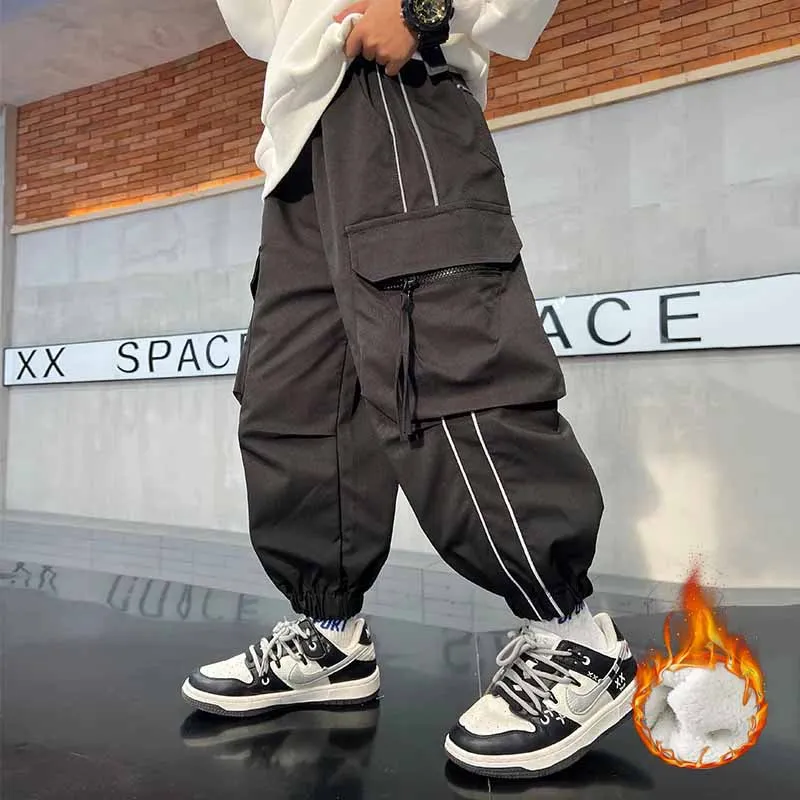 

Зимние штаны с подкладкой для мальчиков, плотные рабочие штаны для подростков, детские повседневные спортивные штаны с большими карманами, осенние повседневные брюки, детская одежда