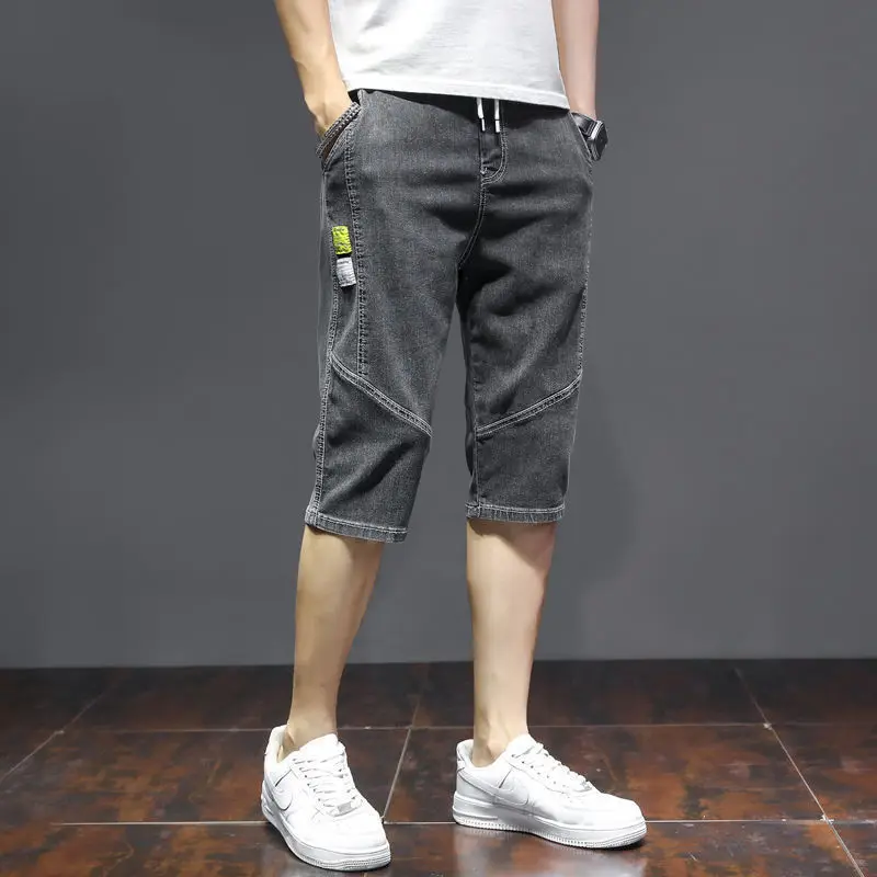 Straight Trousers 2024 Summer New Men's Spliced Elastic Drawstring Letter Pockets Fashion Slim Young Style Trendy Jeans Shorts