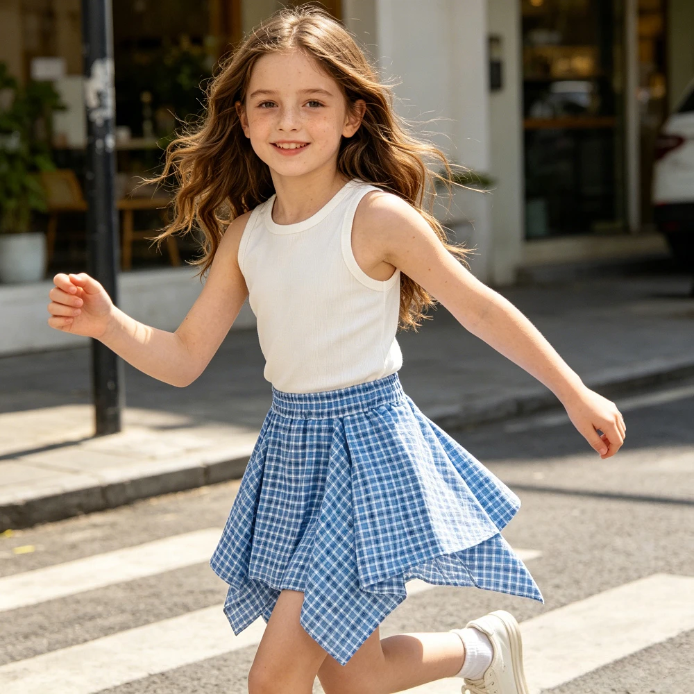 Teen Girls Plaid Skirt Irregular All Match Elastic High Waist Comfortable School Daily Casual Outdoor Wear Summer Kids Bottom