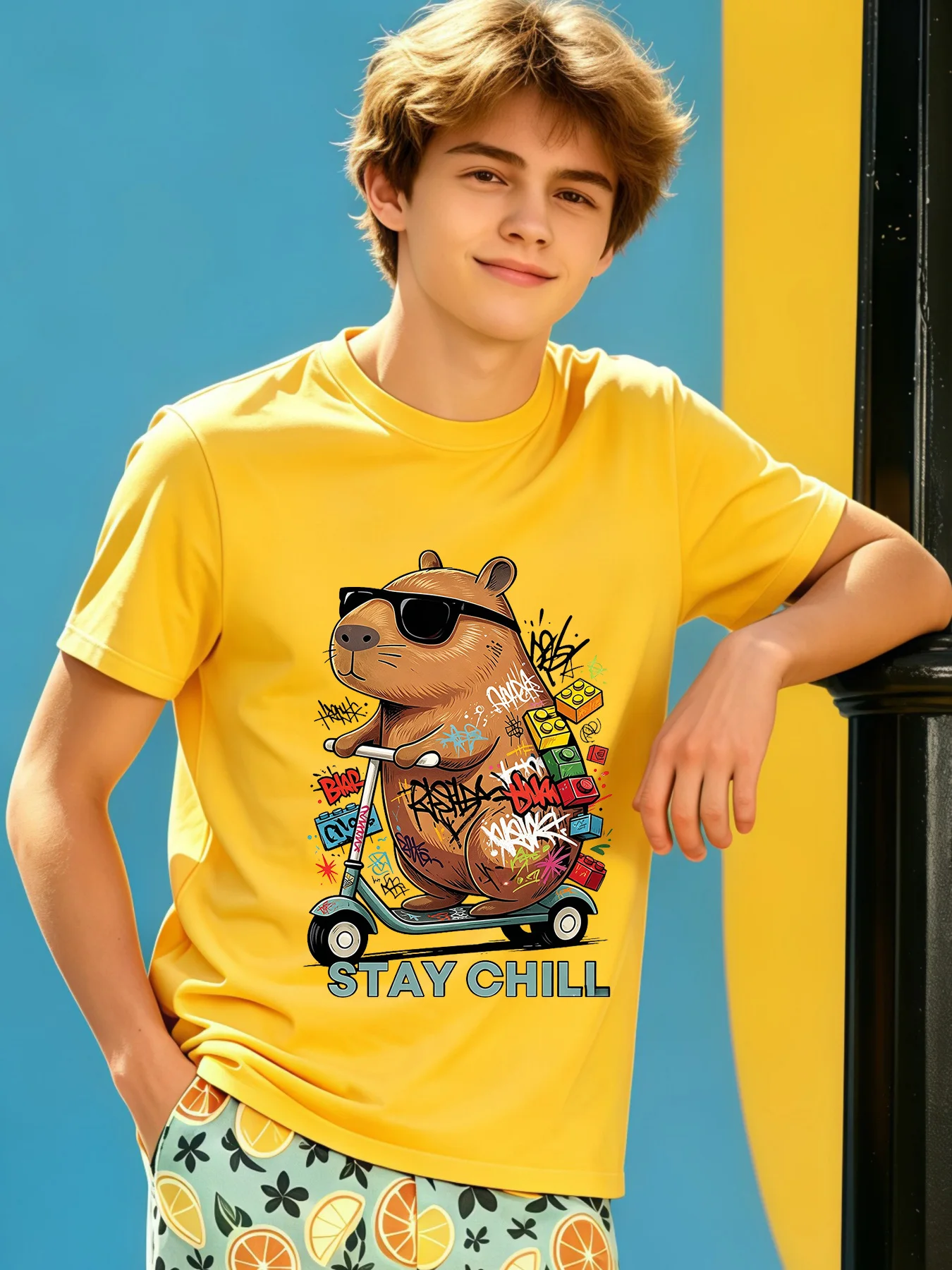 Trendy Skateboarding Dolphin Creative Building Blocks Graffiti Printing Children's Round Neck Fashion Parent Child Clothing