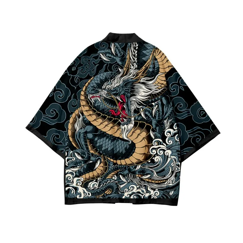 Men Dragon Japanese Kimono Cover up Blouse Chinese Style Japanese Robes Summer Lightweight Cardigan Loose Feather Knitting Coat