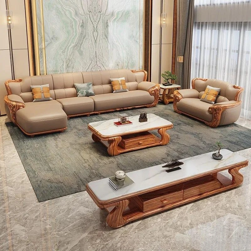 Ebony leather corner sofa solid wood L-shaped first layer cowhide luxury villa apartment furniture