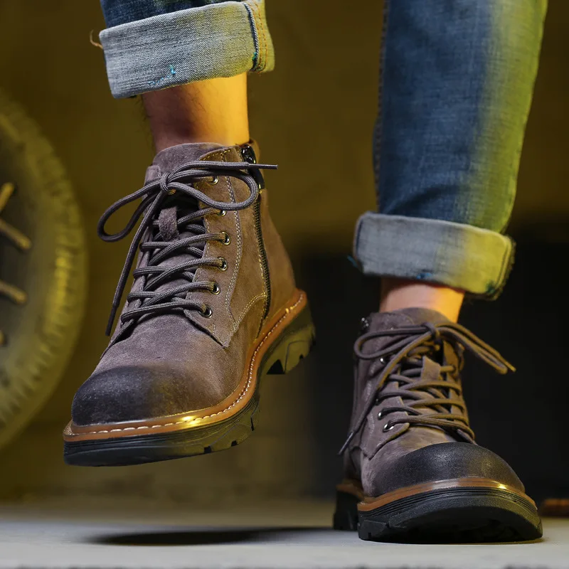 

Winter boots men's high top British leather frosted versatile workwear boots winter cotton shoes men's leather boots