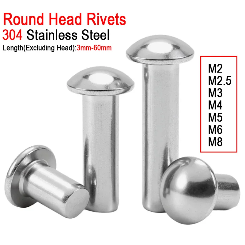 5/10/20/30/50/100pcs 304 A2 Stainless Steel Solid Round Head Rivet 2mm 2.5mm 3mm 4mm 5mm 6mm 8mm GB867 Self-plugging Rivet