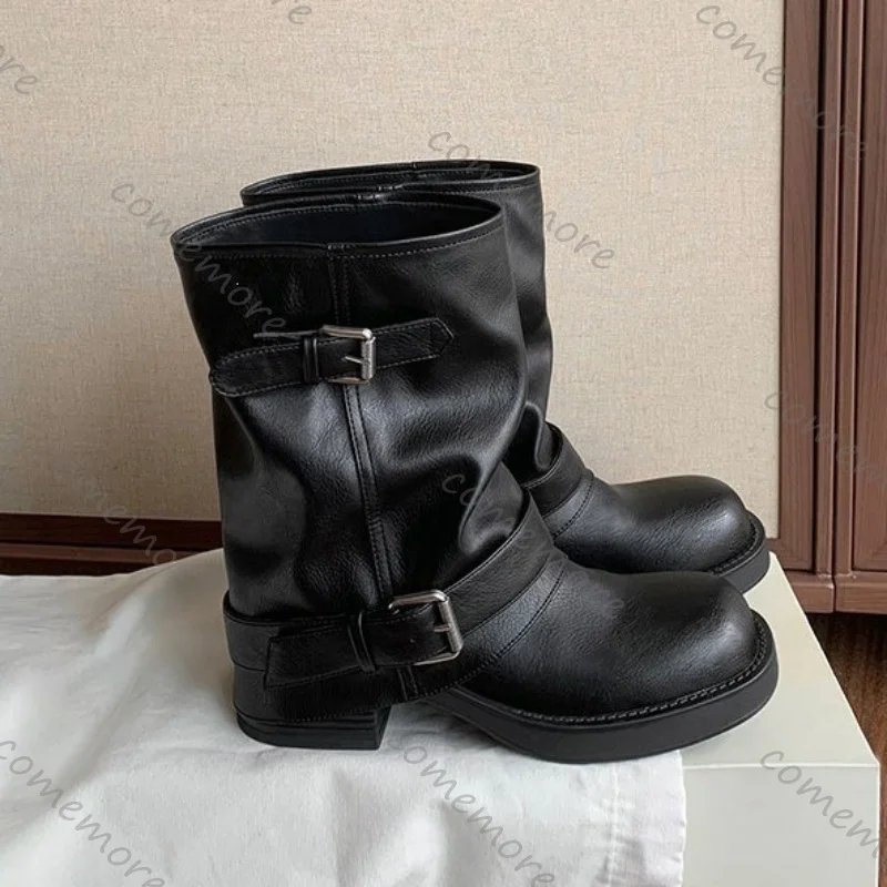 New Fashion Winter Autumn Women Boots Thick Platform Belt Buckle Knee High Booties  Gladiator Vintage Female High Heels Shoes