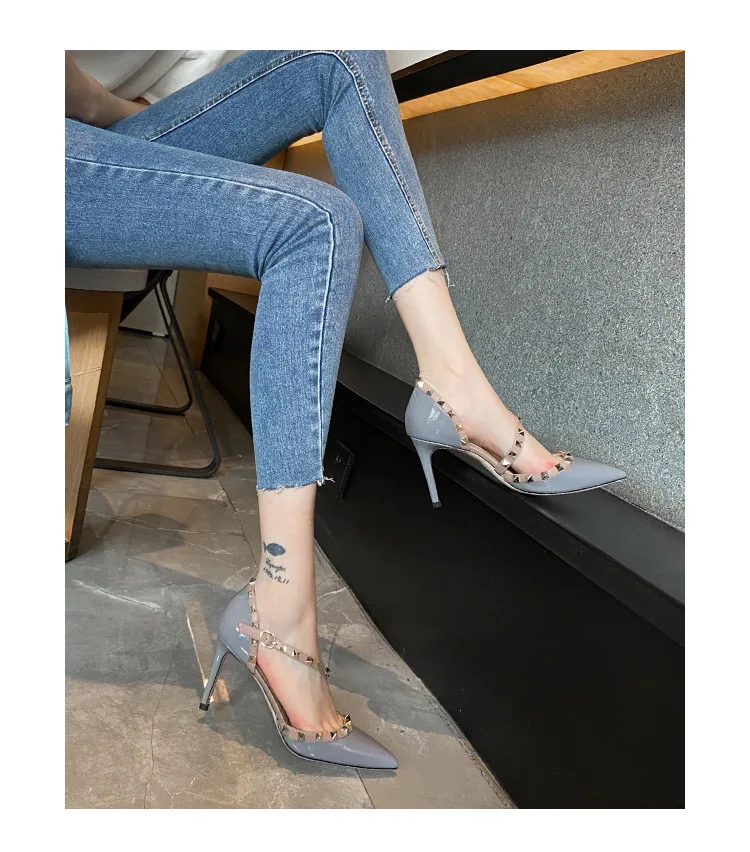 

Heeled Sandals Summer 2024 New Women's Shoes Luxury Rivet Patent Leather Pointed Toe Comfortable Elegant Casual Ladies Shoe