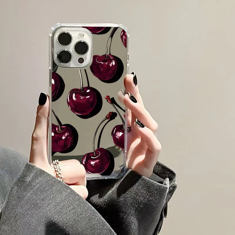 Cute Cherry Pattern Phone Case For Samsung Galaxy S25 S24 S23 S22 S21 Ultra Plus FE A06 A14 A23 A36 A52 A55 Make Up Mirror Cover - náhled 3