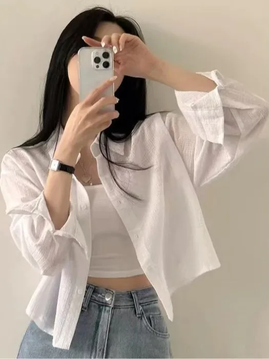 New 2026 White Striped Design Long Sleeve Women's Summer Thin Loose Lazy Style Sun Protection Shirt Straight Cut Flip Collar