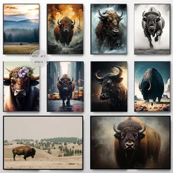 Vintage Animal Bison Buffalo Forest Landscape Rustic Art Posters Canvas Painting Wall Prints Pictures for Living Room Home Decor