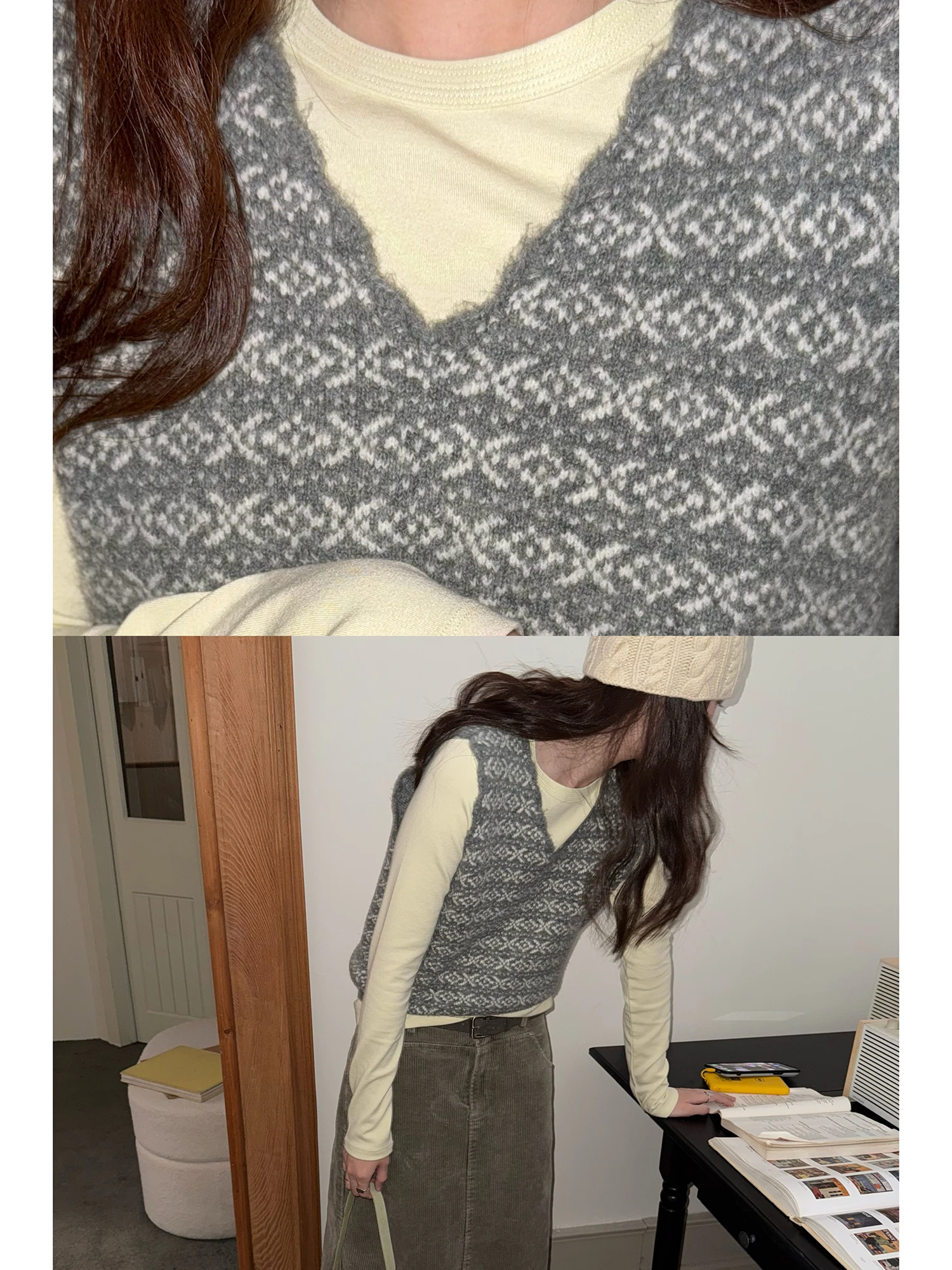 

Retro Fair Isle Knit Sweater V-Ne Women's Winter Loose Fit Luxury Design Hand Crochet Long Sve ort Length Wool Blend