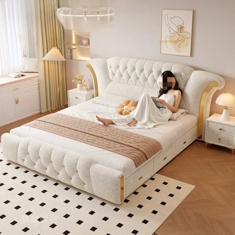 King Upholstered Bed White Fancy French Girls Bed Cream Deluxe Divano Letto Multifunzione Intelligente Bedroom Furniture