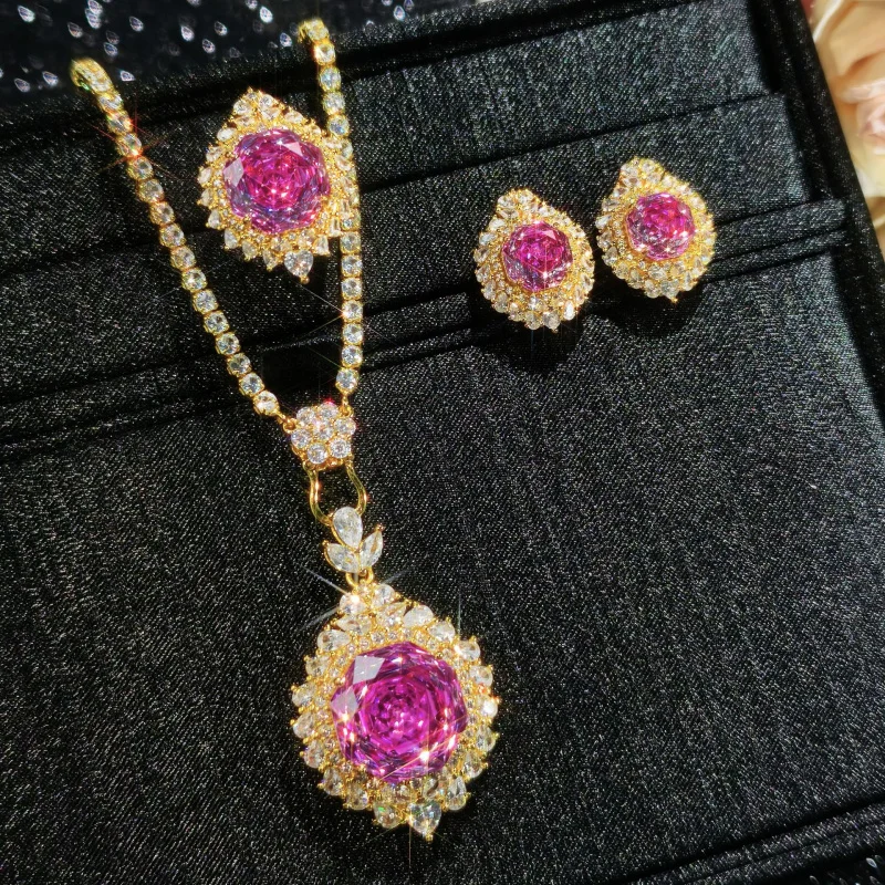 High-end New Octagonal Rose Cut Red Zircon Large Carat Gold Luxurious Full Diamond Jewelry Three-piece Set