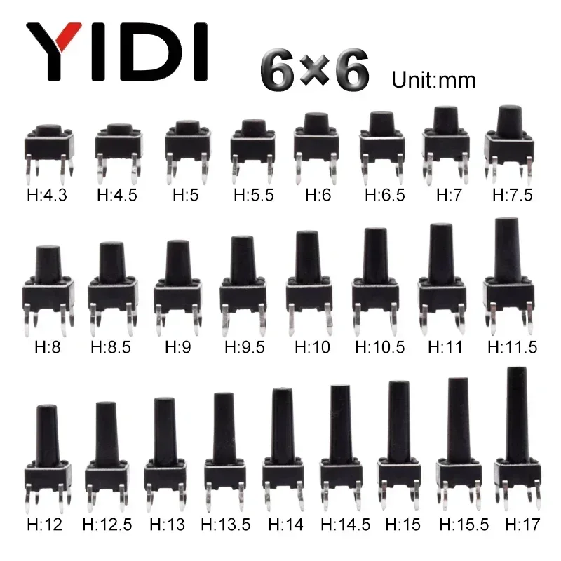 50pcs Panel PCB On Off Momentary Tactile Tact 4 Pin Micro Mini Push Button Switch DIP TV Reset Black 6*6 H=5/6/7/9/10/11/12/13mm