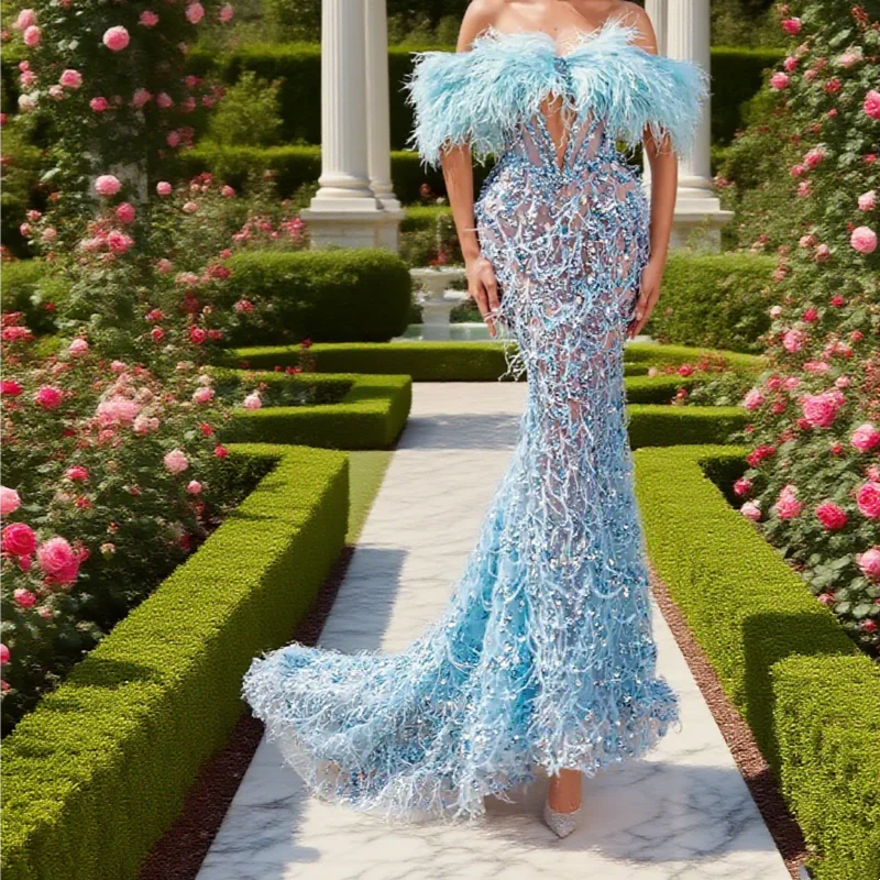 

Exquisite Sequins Feather Prom Dresses Sexy Off The Shoulder Evening Dress Customized Illusion Floor Length Celebrity Party Gown