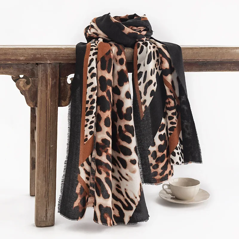 Trendy Black Leopard Soft Scarf Women Luxury Retro Autumn Winter Imitation Cashmere Warm Scarves Shawl Clothing Accessories Gift